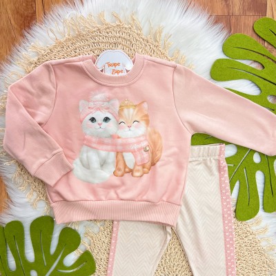 Conj. Casaco de Moletom Gatinhas Agasalhadas e Calça Legging - Rose